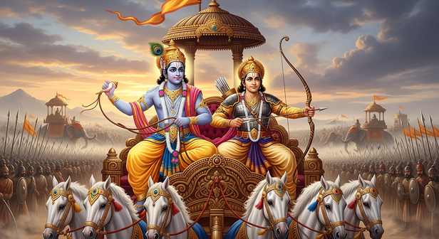 Krishna guiding Arjuna on the battlefield