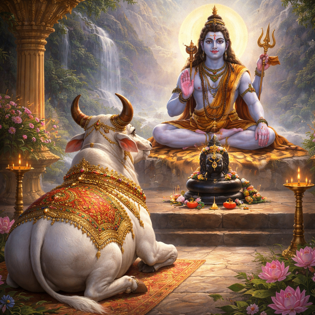 Nandi Sitting Calmly Before Shiva