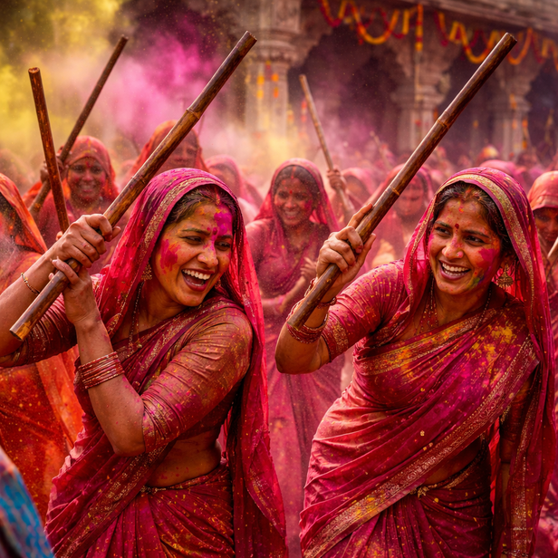 Women Playing Lathmar Holi in Barsana