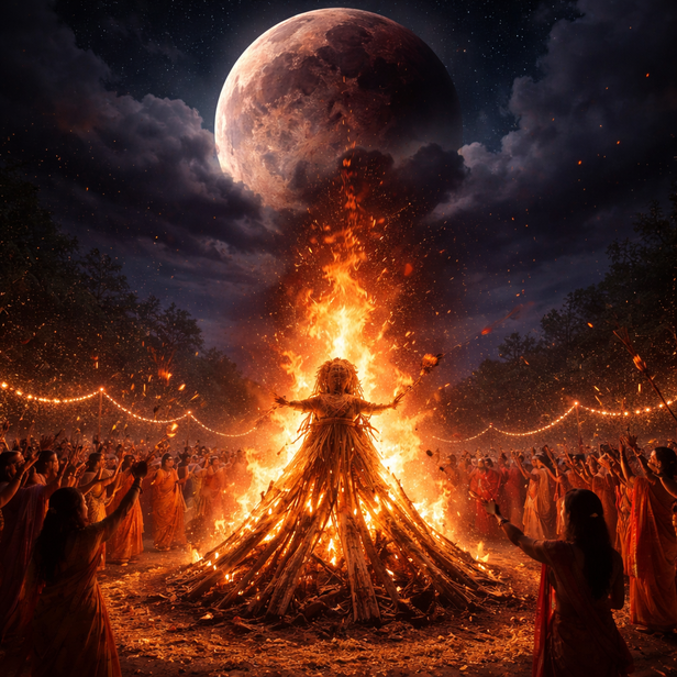 Sacred Holika Fire Under the Full Moon