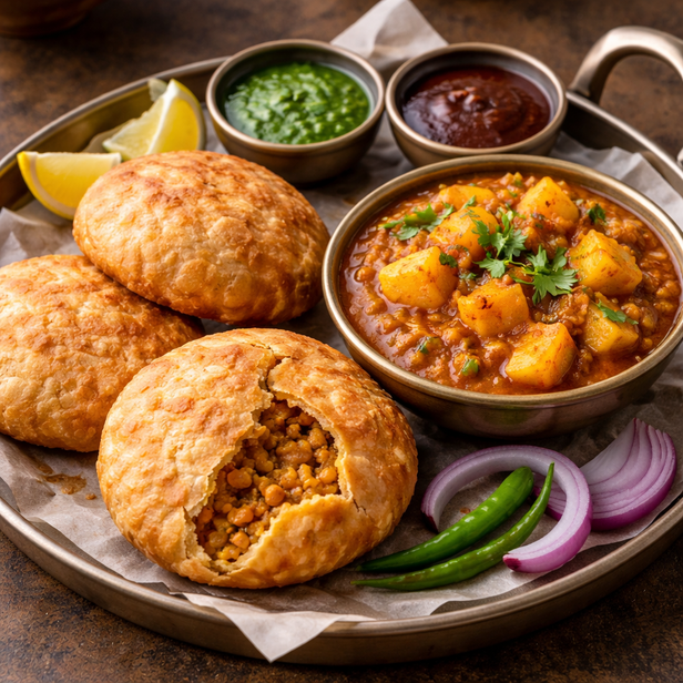 Crispy Kachoris Served with Spicy Aloo Sabzi