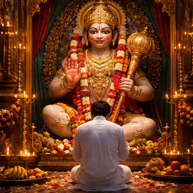 Devotee Praying Before Hanuman Idol