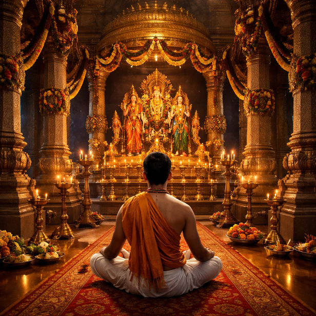 Devotee Meditating Inside a Temple