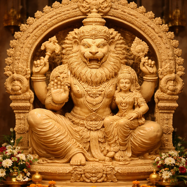 Lord Narasimha idol covered in sandalwood layers