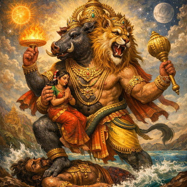 Illustration of Narasimha’s combined Varaha-Narasimha form