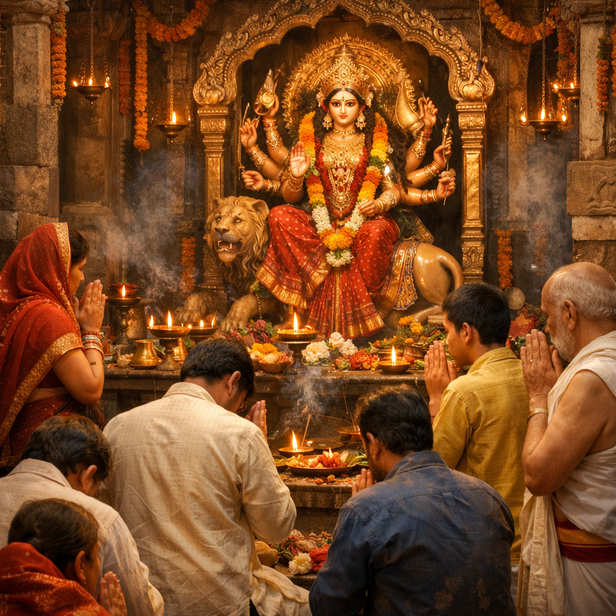 Suggestion: Devotees offering prayers at the temple