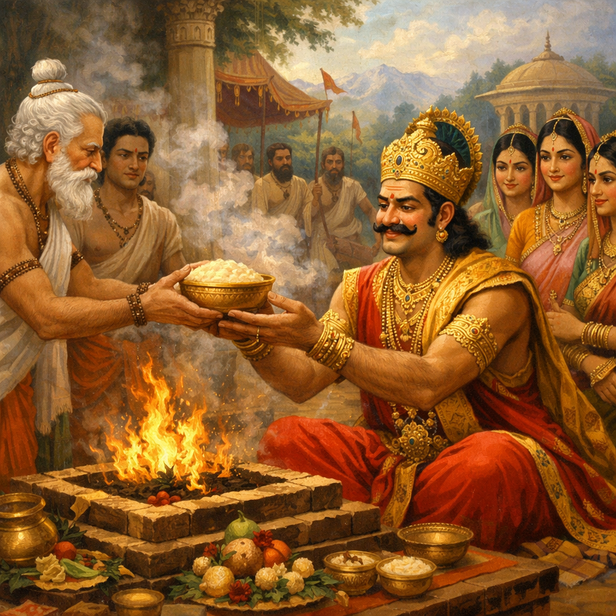 Dasharath receiving kheer from the Yagya