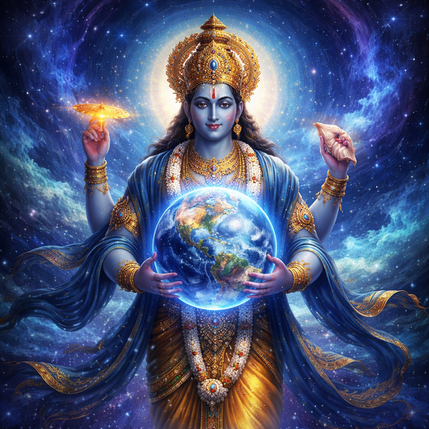 Vishnu holding the globe, floating in cosmic blue