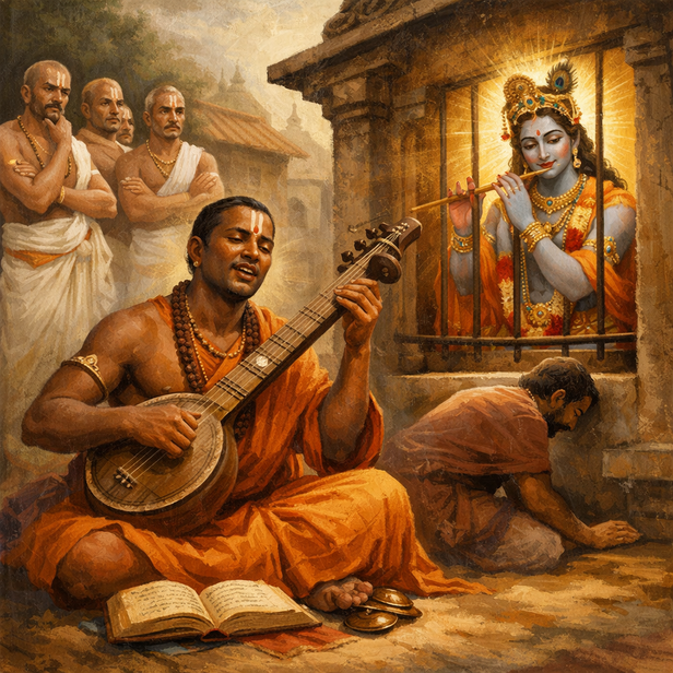 Statue of Kanakadasa singing outside Udupi temple