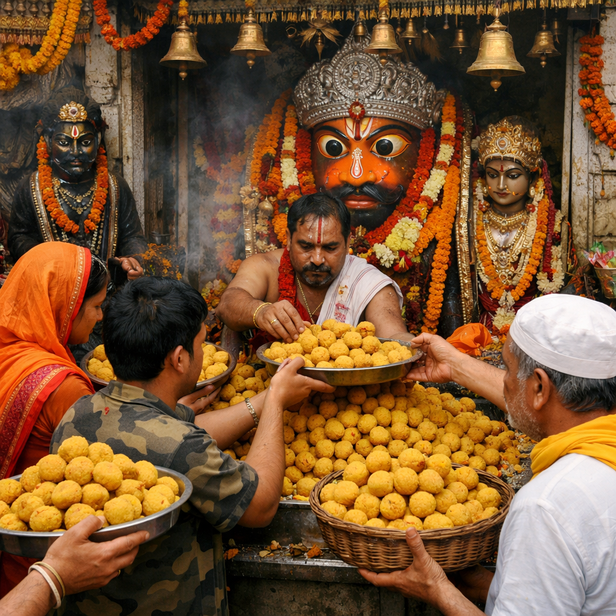 Devotees offering laddus at Mehandipur Balaji
