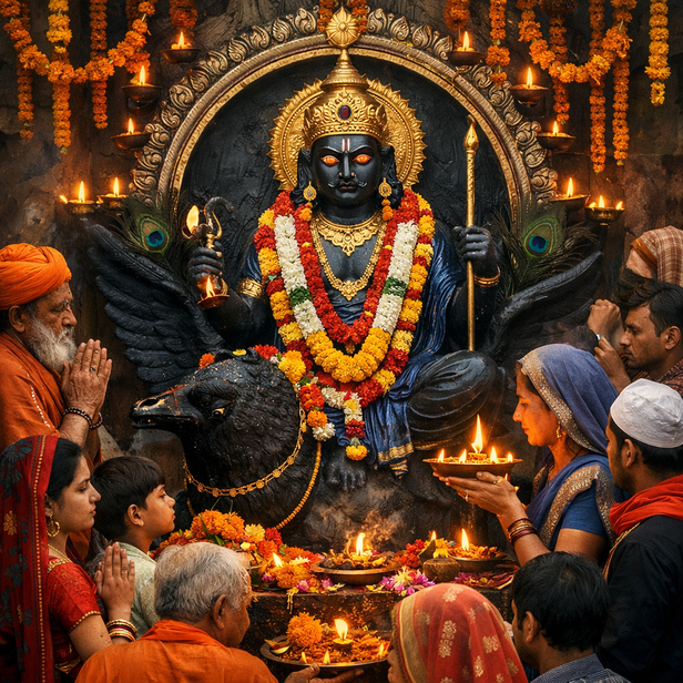 Shani idol surrounded by devotees