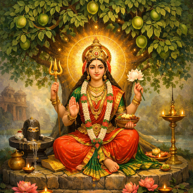 Sacred Bel Tree in Temple Courtyard