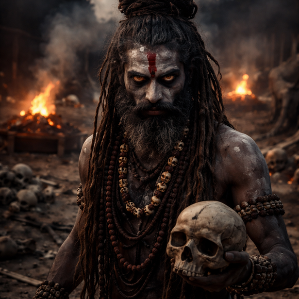 Aghori with Intense Eyes in Cremation Ground