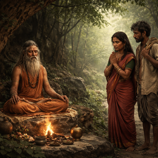 Couple in Forest Near Meditating Sage