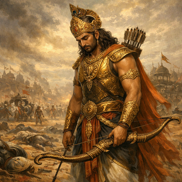 Arjuna lowering his bow on battlefield