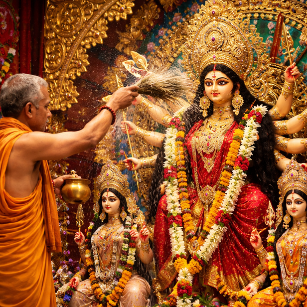 priest sprinkled Ganga water on the idols