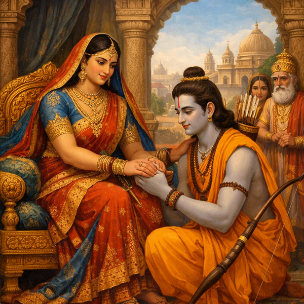 Kaikeyi and Ram in Ayodhya