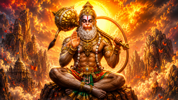 Hanuman Ji expanding into a gigantic divine form