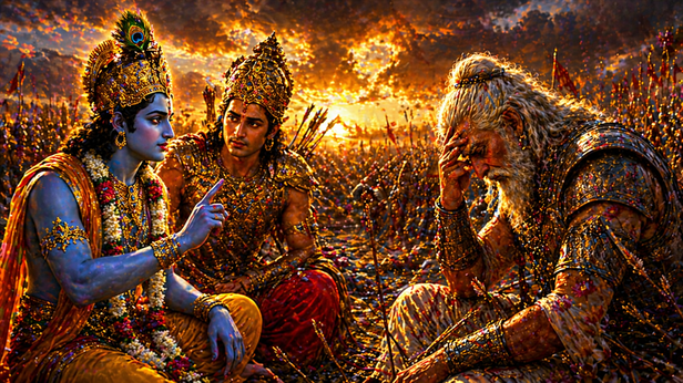 Lord Krishna guiding Arjuna on the battlefield