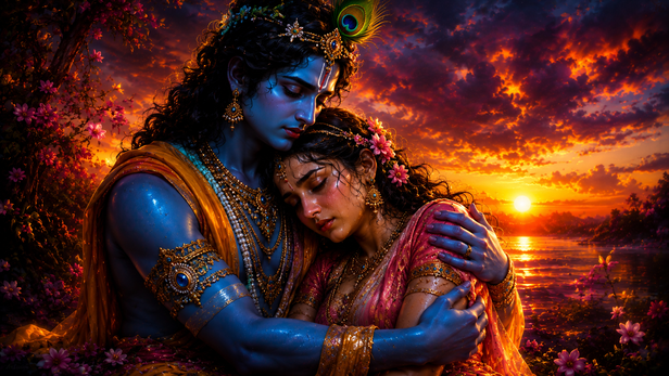 Krishna Holding Weak Radha Close To His Heart