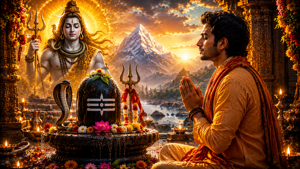 Person meditating peacefully before Shivling