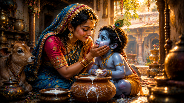 Uddhav standing with divine resemblance to Shri Krishna