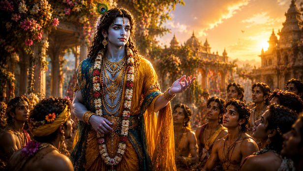 Uddhav standing with divine resemblance to Shri Krishna