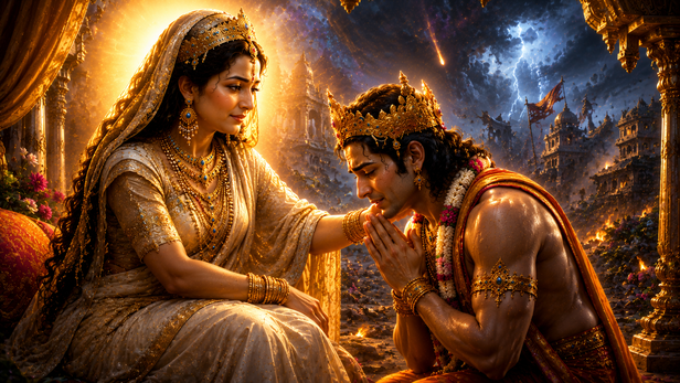 Defeated Indra Standing Before Mata Aditi