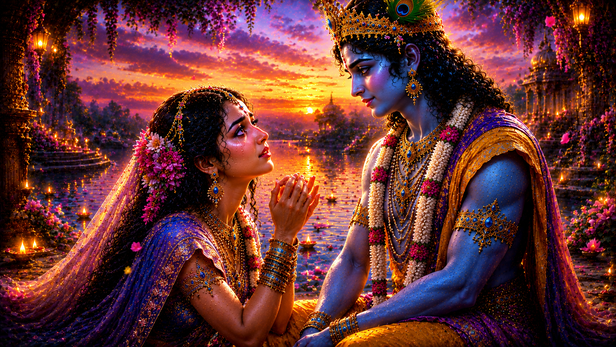 Emotional Yamuna Standing Before Krishna
