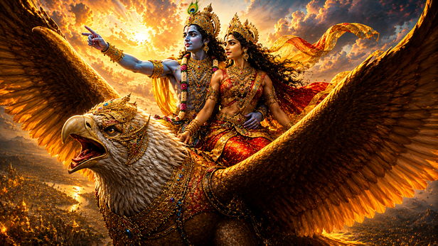 Krishna and Satyabhama Riding Garuda