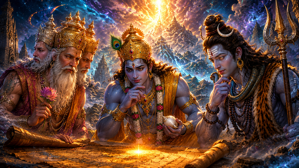Brahma Vishnu and Shiva Searching for Answers