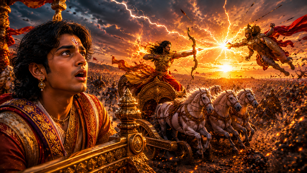 Prince Uttar Watching Arjun’s Divine Battle