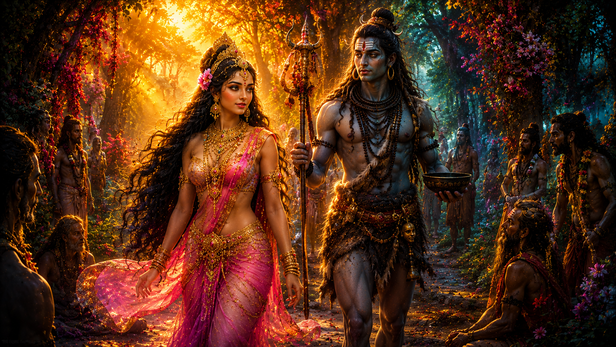 Mohini and Bhikshatana entering the mystical forest