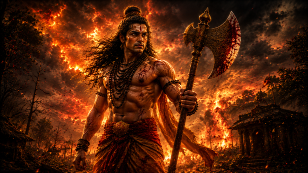 Parashurama standing fearlessly with his divine axe