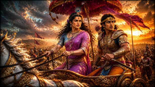 Arjuna disguised as Brihannala driving Prince Uttara’s chariot