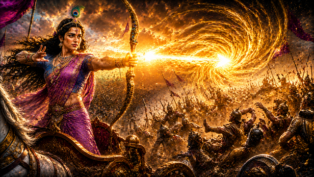 Arjuna releasing the Sammohana Astra in battle
