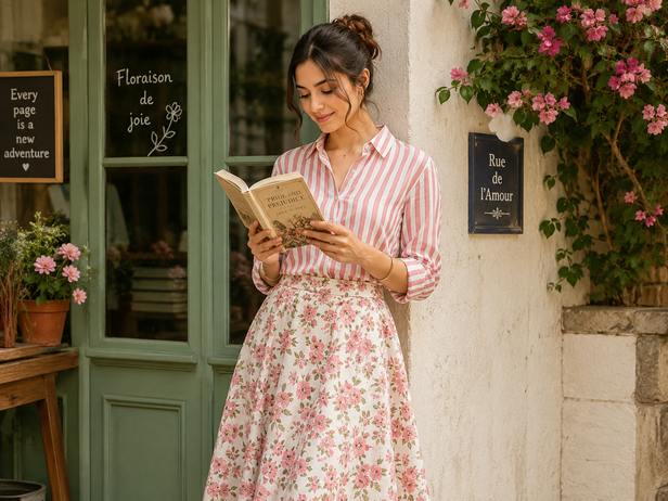 Striped Shirt Paired with Floral Skirt