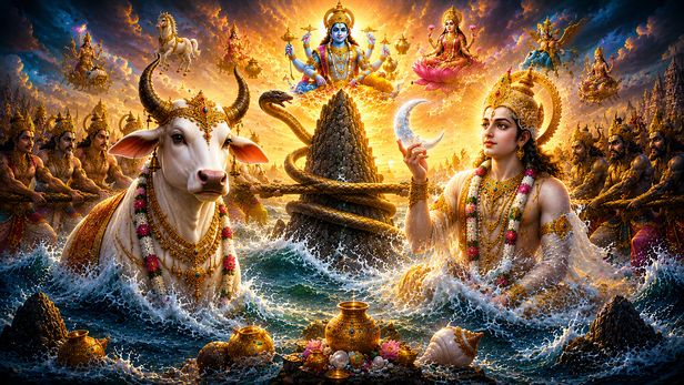 Kamadhenu and Chandra Emerging From the Ocean