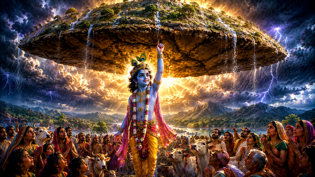 Krishna Lifting Govardhan Mountain