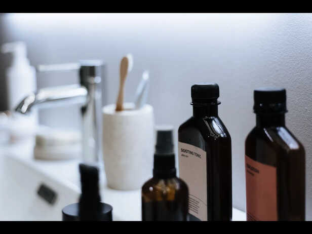 Hair Products Collected Near Bathroom Sink