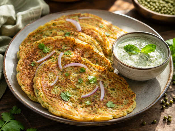 Nutritious Moong Dal Chilla Served With Refreshing Mint Yogurt Dip