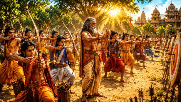 Dronacharya training the Pandavas and Kauravas