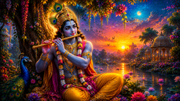 Devotee meditating before Lord Krishna