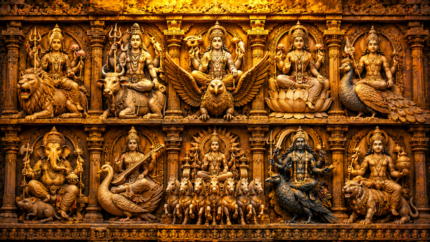 Ancient temple sculpture showing divine vehicles