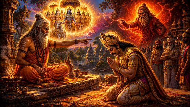 Ancient sage blessing and cursing a king