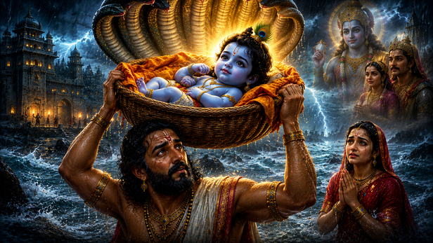 Lord Krishna with Vasudev After His Birth