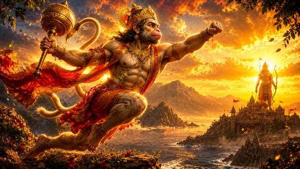 Hanuman Outsmarting Surasa During His Journey to Lanka