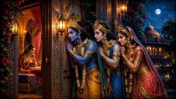 Lord Krishna, Balabhadra, and Subhadra Listening Outside Rohini's Chamber