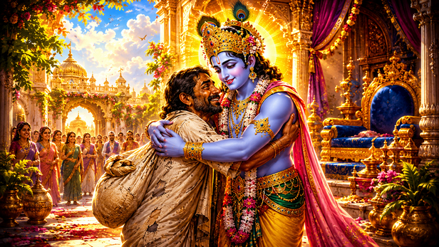 Lord Krishna warmly welcoming Sudama