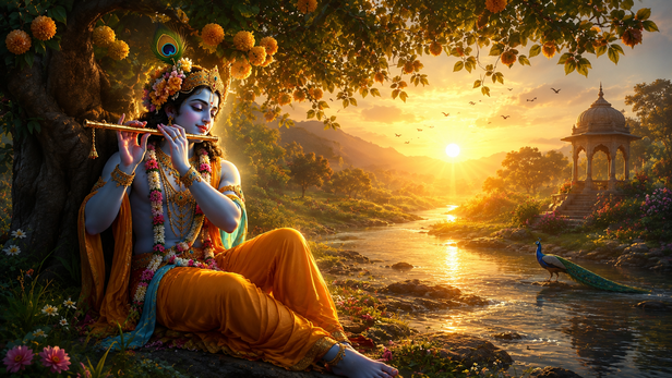 Lord Krishna playing the flute beneath a sacred Kadamba tree at sunrise